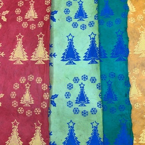 Handmade Screen Printed Christmas Trees and Snowflakes Lokta Paper Sheets (Pack of 2)