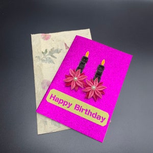 Tarjetas en blanco con purpurina y papel quilled con sobre de flores prensadas Lokta/Tarjeta de cumpleaños/Tarjeta hecha a mano