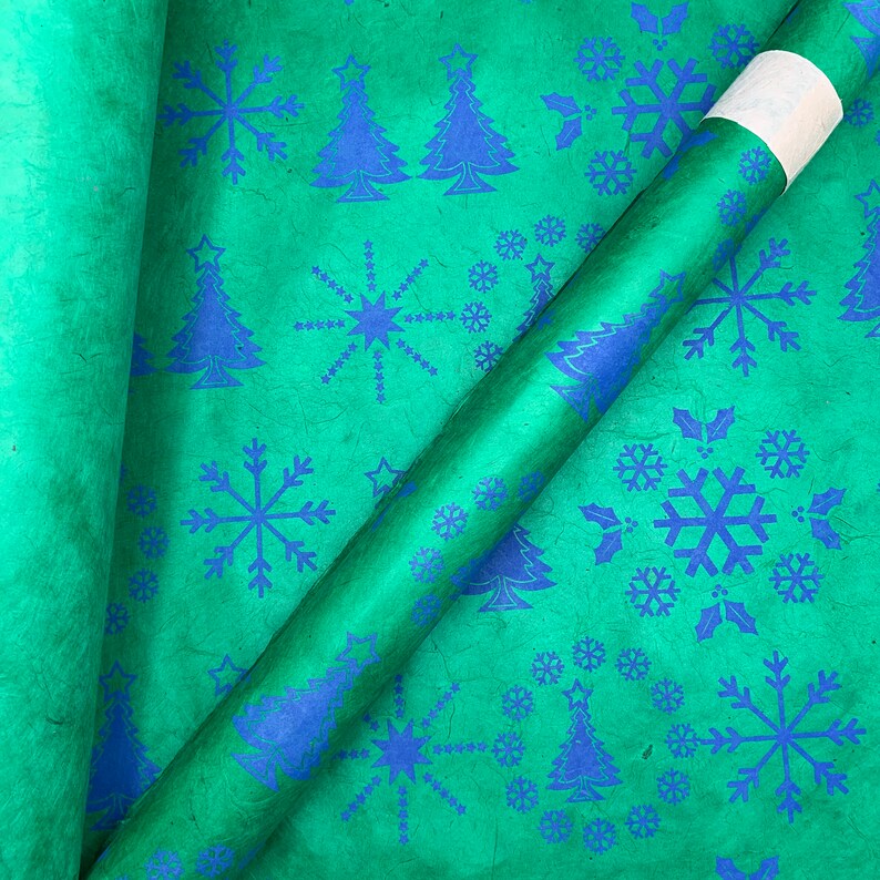 Pack of 2 Handmade Screen Printed Christmas Trees and Snowflakes Lokta Paper Sheets