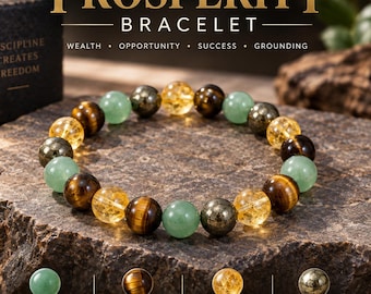 Prosperity Bracelet for Men, Tiger Eye, Citrine, Green Aventurine, Pyrite, Wealth Success Good Luck Gift