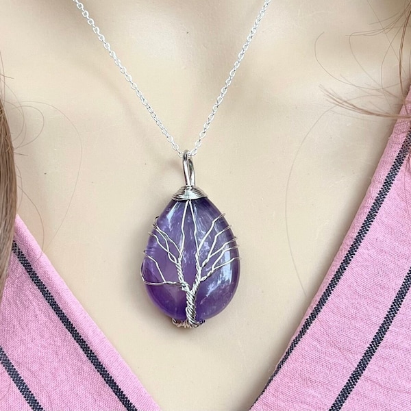 Tree of Life Amethyst Necklace, Amethyst Jewelry, Healing Crystal Necklace, Gift for her, Silver Amethyst Necklace, February Birthstone