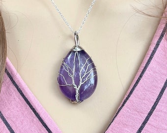 Tree of Life Amethyst Necklace, Amethyst Jewelry, Healing Crystal Necklace, Gift for her, Silver Amethyst Necklace, February Birthstone