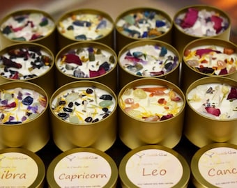 Zodiac Candle for Her, Crystal Infused, Handmade Soy Self Care Ritual Astrology Birthday Gift