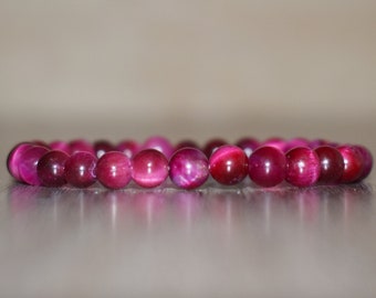 Bracelet oeil de tigre magenta 6 mm, bracelet femme pour la guérison, bracelet en cristal pour femme, bracelet de méditation, mala de poignet pour le soulagement de l'anxiété