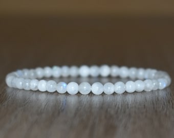 4mm White Moonstone Bracelet, Beaded Bracelet for Women, Layering Bracelet, Stretching Bracelet, Men Bracelet, White Crystal Bracelet