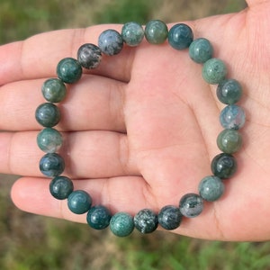 8mm Moss Agate Bracelet, Heart Chakra Jewelry, Green Bracelet for Him, Beaded Bracelet for Her, Moss Agate Jewelry, Elastic Bracelet