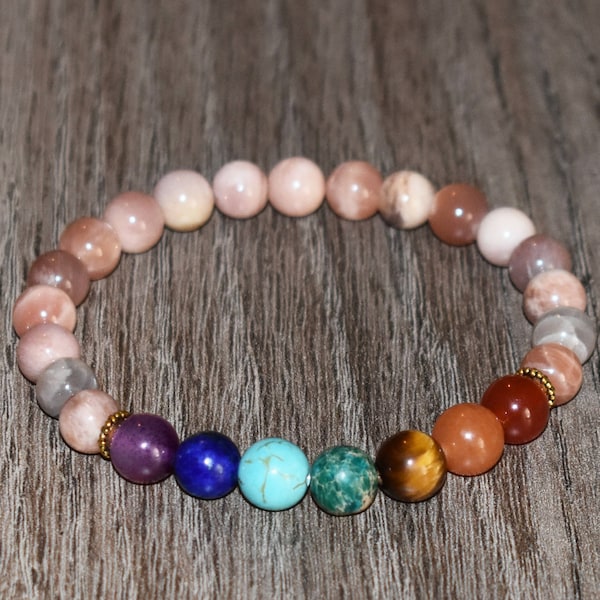 7 Chakra Bracelet  Peach Moonstone  Gift for Her, Bracelets for Women, Gemstone Bracelet for Women, Gift for Her