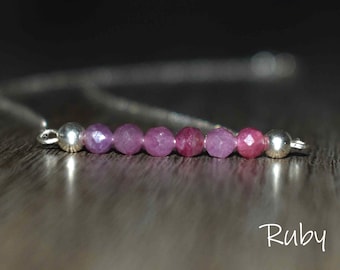 Natural Ruby Necklace, July Birthstone Necklace, Ruby Jewelry, Birthstone Jewelry for Her, Red Ruby Necklace for Women,  Bar Necklace