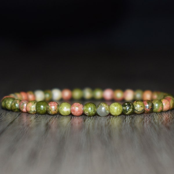 4mm Unakite Bracelet, Heart Chakra Bracelet, Beaded Bracelet for Women and Men, Yoga Bracelet, Wrist Mala, Stretch Bracelet