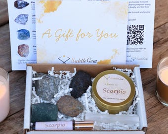 Scorpio Gift Set for Women | Candle, Roll-On & Crystals | Zodiac Crystal Box