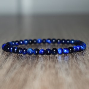 4mm Blue Tiger Eye Bracelet, Mens Beaded Bracelet, Blue Crystal Bracelet, Tiger Eye Jewelry, Women Bracelet, Gift for Him, Meditation Gift