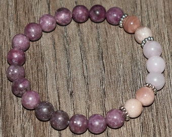 Peach Moonstone & Rose Quartz Bracelet, Lepidolite Bracelet, Bracelets for Women, Gift for Women, Heart Chakra Bracelet