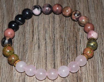 Rose Quartz Bracelet, Rhodonite Bracelet, Unakite Bracelet Heart Chakra Bracelet Healing Crystal Bracelet, Healing Stone Bracelet, Natural