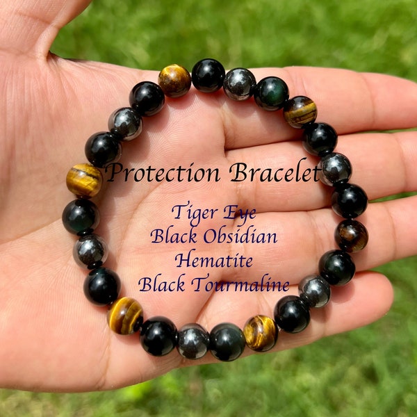 Protection Bracelet, Black Tourmaline Bracelet for Men, Hematite Bracelet, Black Obsidian Bracelet, Tiger Eye Bracelet, Custom Wrist