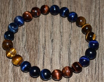0041 Decorative red and blue beads with tigers eye elastic beaded braclet.