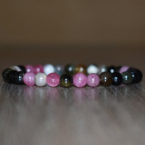 6mm Tourmaline Bracelet for Women, Mixed Tourmaline Pink Bracelet, Women Gemstone Bracelet, Crystal Beaded Bracelet, Girlfriend Gift