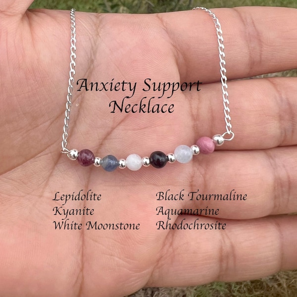 Anxiety Relief Necklace, Women Necklace, Anxiety Support Necklace, Lepidolite, Kyanite, White Moonstone, Tourmaline, Aquamarine