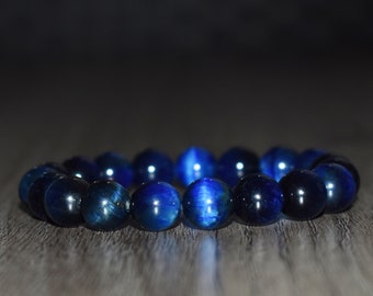 10mm Blue Tiger Eye Bracelet, Mens Bracelet, Tigers Eye Gift for Men, Beaded Bracelet, Mens Jewelry,  Unisex Bracelet, Layering Bracelet