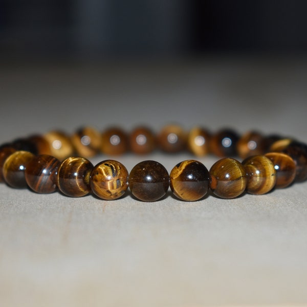 Handmade Natural Tiger Eye Stone Bracelet – Men Women – 7.5in Round Beads – Nickel-Free