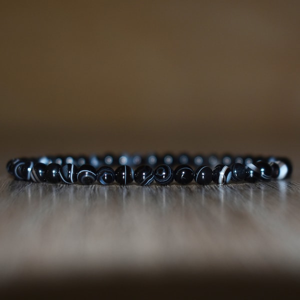 4mm Striped Black Onyx Bracelet for Men, Onyx Bracelet for Women, Onyx Jewelry, Grief Bracelet, Confidence Bracelet, Calming Bracelet