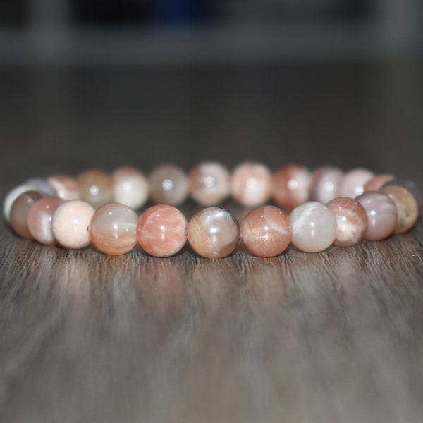 8mm Peach Moonstone Bracelet, Moonstone Jewelry for Women, Women Bracelet, Yoga Bracelet, Layering Bracelet, Crystal Bracelet