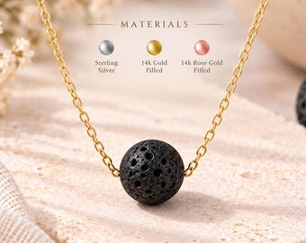 Lava Stone Necklace, 10mm Black Gemstone Pendant, Aromatherapy Jewelry, Minimalist Necklace for Women