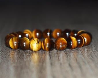 10mm Tiger Eye Beaded Bracelet, Gemstone Jewelry, Gift for Men and Women