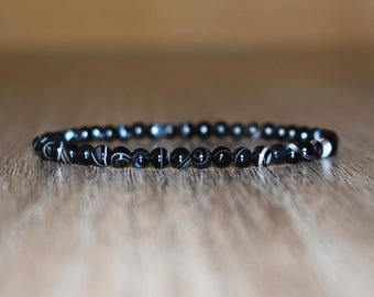 4mm Striped Black Onyx Bracelet, Personalized Wrist Size Minimalist Gemstone Jewelry for Him & Her