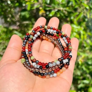 4mm Beaded Crystal Bracelet – Unisex Gemstone Jewelry with Hematite, Carnelian, Obsidian, Green Jasper