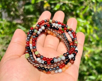 4mm Beaded Crystal Bracelet – Unisex Gemstone Jewelry with Hematite, Carnelian, Obsidian, Green Jasper