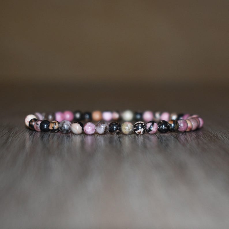4mm Rhodonite Bracelet, Natural Gemstone, Positive Energy image 2