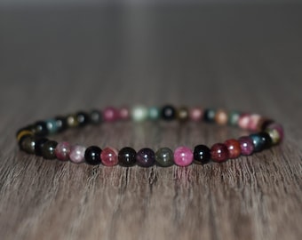 4mm Mixed Tourmaline Beaded Bracelet, Dainty Gemstone Jewelry