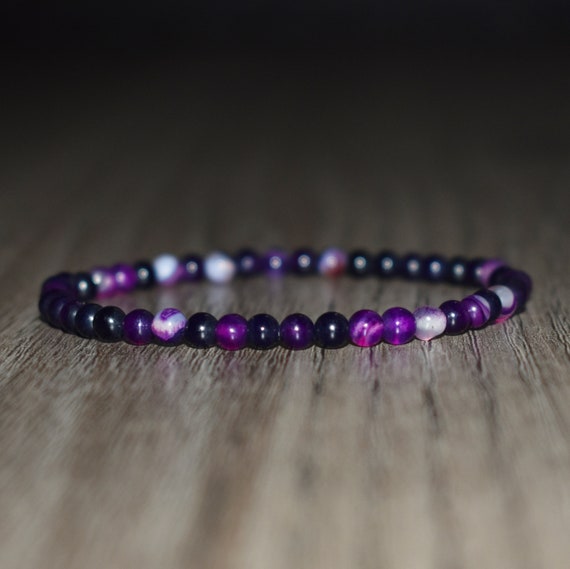 4mm Purple Striped Agate Bracelet for Women, Purple Gemstone Bracelet,  Natural Stone Bracelet, Agate Jewelry, Gift for Mom Sister, Crystal