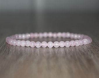 4mm Rose Quartz Bracelet, Natural Crystal, Pink Beaded Jewelry