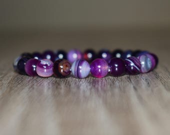 Bracelet agate rayé violet 8 mm, bracelet extensible perles de pierres précieuses