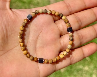 Men’s Beaded Bracelet – Picture Jasper & Lava Stone Gemstone Bracelet, Layering Gift for Him
