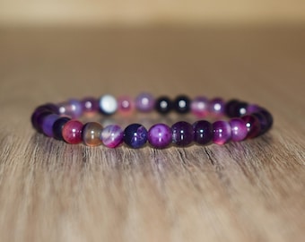 6mm Purple Striped Agate Beaded Bracelet, Natural Crystal Jewelry, Gift for Her