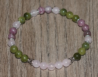 6mm Rose Quartz Bracelet, Lepidolite Bracelet, Green Jasper Bracelet, Heart Chakra Bracelet, Bracelet for Women