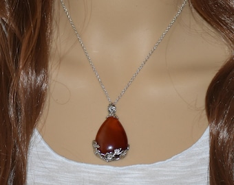 Carnelian Pendant Necklace, Silver Plated, Natural Gemstone