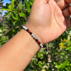 4mm Red Carnelian, Obsidian & Map Jasper Beaded Bracelet– Unisex Gemstone Jewelry for Root Chakra