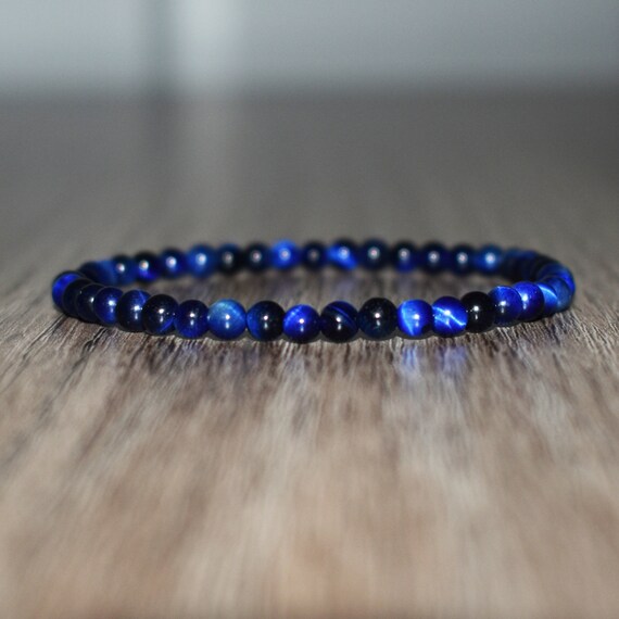 4mm Blue Tiger Eye Bracelet, Mens Beaded Bracelet, Blue Crystal - Main Image