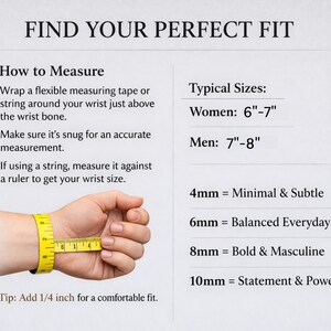 The image provides a guide on how to measure one's wrist to find the perfect fit, with a visual representation of a person's wrist and a yellow measuring tape.