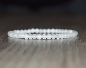 4mm White Jade Beaded Bracelet, Dainty Good Luck Charm