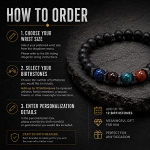 May include: A beaded bracelet with matte black spherical beads and four colorful gemstone beads separated by dark metal spacers. The image includes text instructions titled HOW TO ORDER, detailing steps to choose wrist size and birthstones.