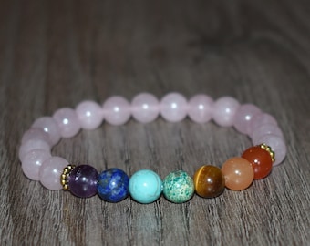 Rose Quartz 7 Chakra Bracelet, Natural Crystal Healing