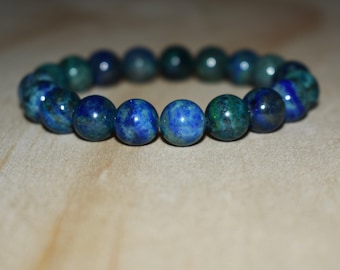 Azurite Malachite Beaded Bracelet, Elastic Crystal Jewelry
