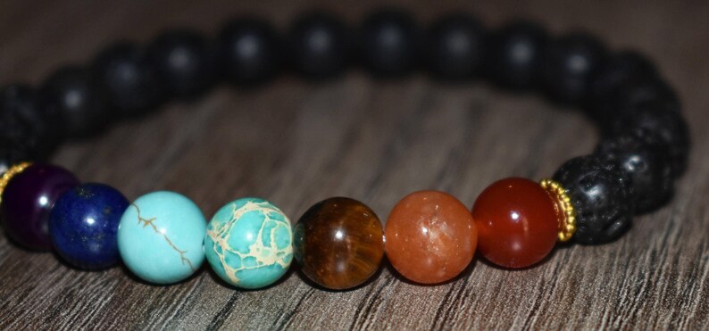Bracelet en pierre de lave 7 chakras, diffuseur d'huiles essentielles, unisexe image 3