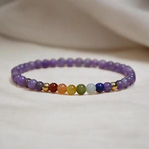 Dainty 4mm Amethyst Chakra Bracelet | 7 Crystal Beads with Gold Accent | Gemstone Jewelry Gift