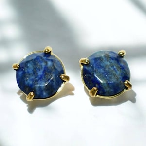 Natural Lapis Lazuli Earrings, Gold Plated Faceted Studs, December Birthstone