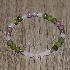 Rose Quartz Bracelet, Lepidolite & Green Jasper Gemstone Beads